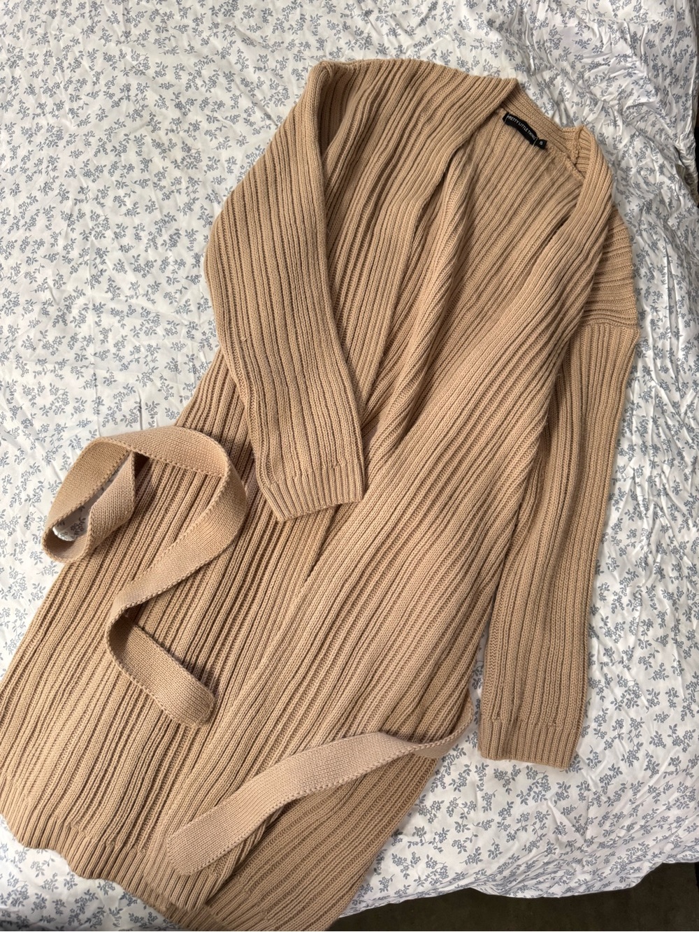 PrettyLittleThing Stone Oversized Midi Knitted Cardigan with Tie Belt